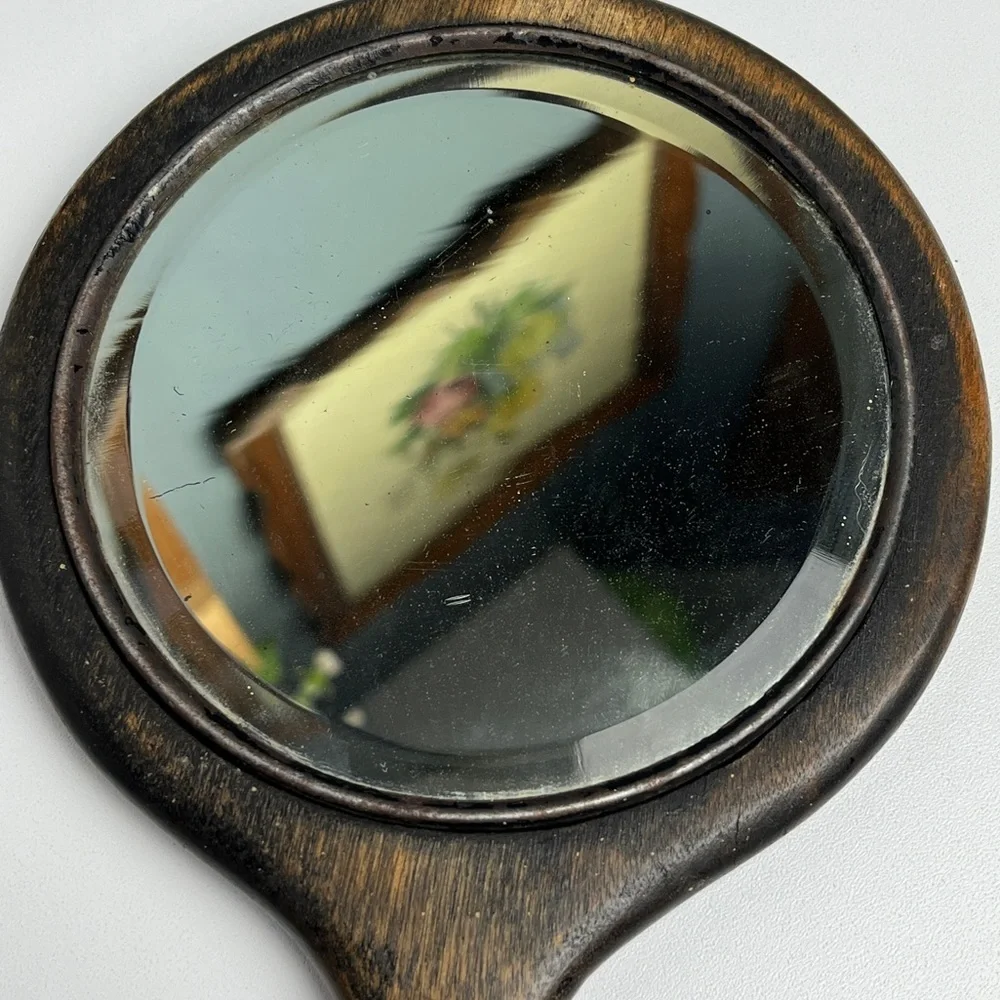 Vintage Wooden and Silver Vanity Hand Mirror Rustic Victorian Decor